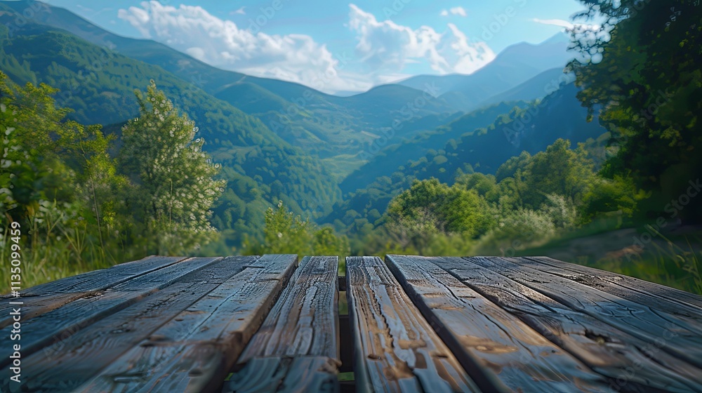 Fototapeta premium Rustic wooden table overlooking a breathtaking mountain valley landscape.