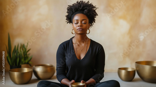 African american woman practicing sound healing with singing bowls in a peaceful setting