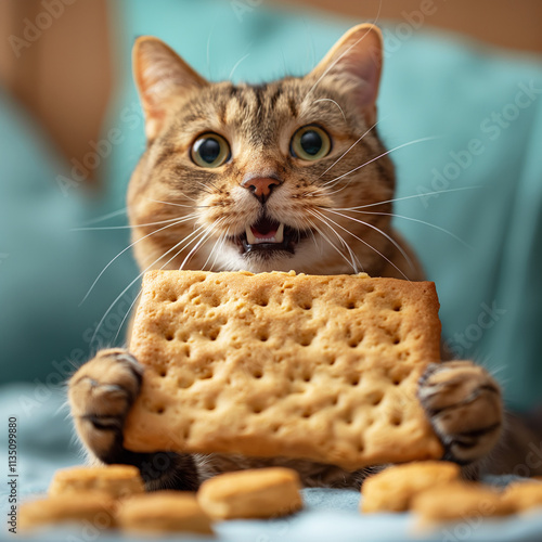 Adorable cat with big eyes munching on a cracker while sitting on a comfy bed
