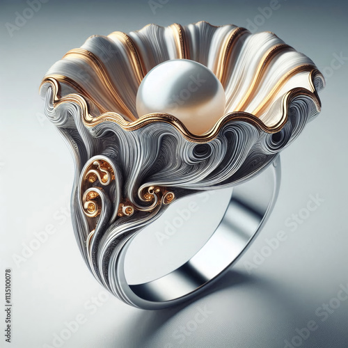 Elegant women's ring design oyster and pear shape, sterling silver with gold accents, centerpiece as pearl in setting, nature inspired. photo