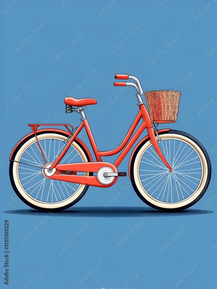 Fototapeta premium A vibrant red bicycle with a classic design, featuring a wicker basket and whitewall tires, set against a smooth blue background, emanating a cheerful and retro vibe.