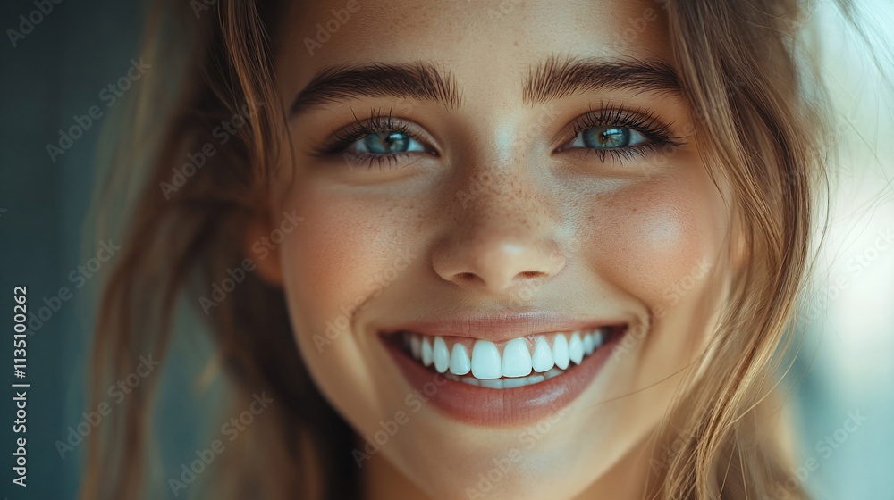 Close-up portrait of a smiling woman with freckles and bright eyes. Close-up portrait of a smiling woman with freckles and bright eyes.
