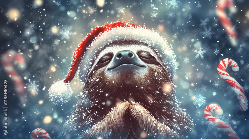 A peaceful sloth wearing a santa hat meditating with a blissful smile, surrounded by falling snowflakes and candy canes. Blissful. Illustration A peaceful sloth wearing a santa hat meditating with a blissful smile, surrounded by falling snowflakes and candy canes. Blissful. Illustration