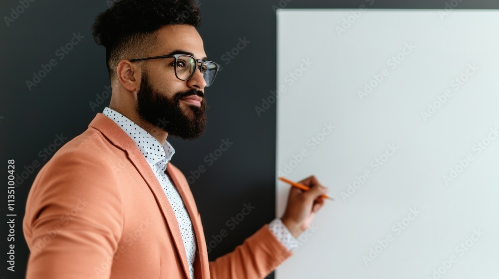 Confident Businessman Presenting Ideas in a Modern Office, Holding a Pen Near an Empty Whiteboard with a Stylish Formal Attire and a Thoughtful Expression Confident Businessman Presenting Ideas in a Modern Office, Holding a Pen Near an Empty Whiteboard with a Stylish Formal Attire and a Thoughtful Expression