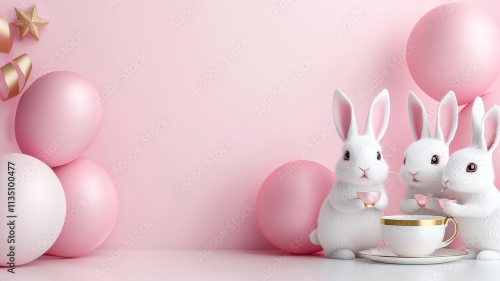 A whimsical scene featuring three white rabbits with pink balloons, set against a soft pink background, perfect for Easter or festive decorations., 3D illustraded A whimsical scene featuring three white rabbits with pink balloons, set against a soft pink background, perfect for Easter or festive decorations., 3D illustraded