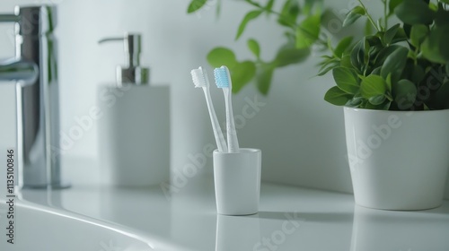 Fresh and Clean Bathroom with Toothbrushes and Plants