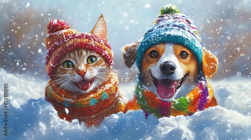 Happy cat and dog in winter hats and scarves, playing in the snow.