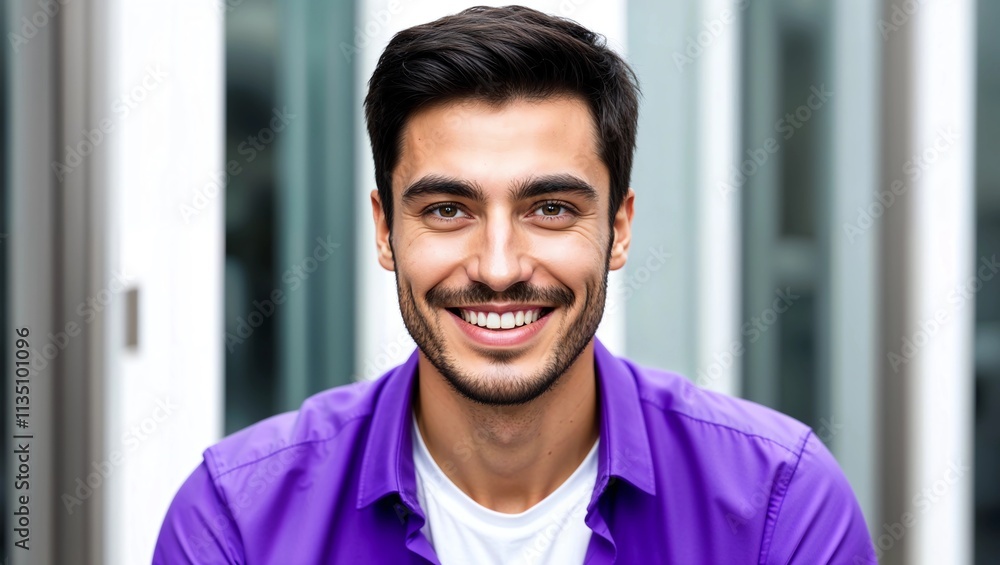 Close-up portrait of young handsome smiling man wearing purple shirt and white t-shirt Close-up portrait of young handsome smiling man wearing purple shirt and white t-shirt