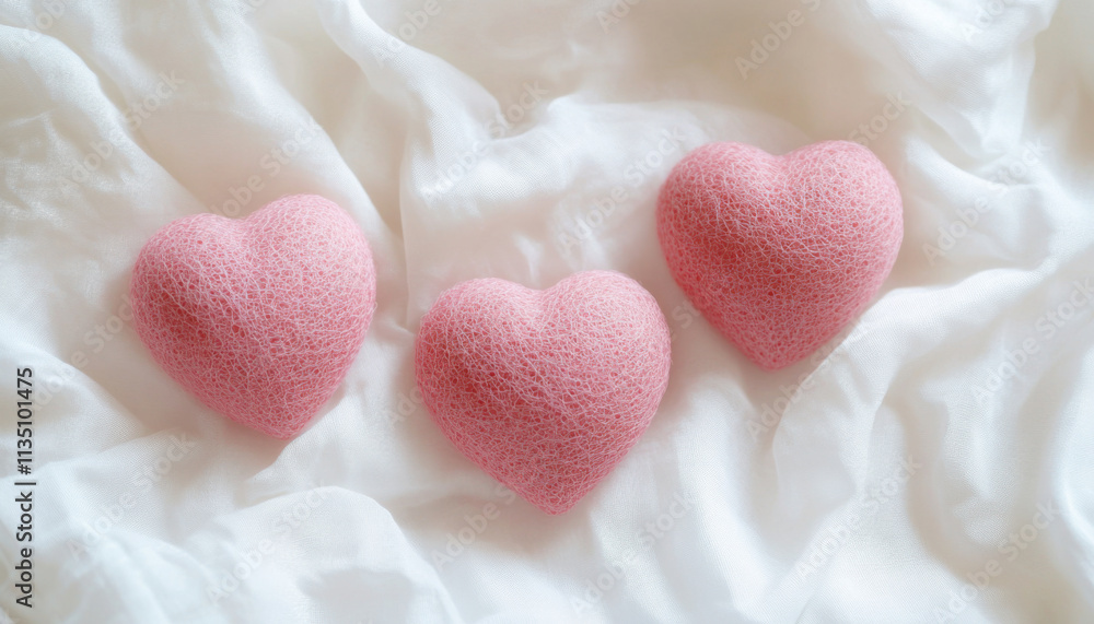 Three Pink Knitted Hearts on White Fabric Valentine s Day Love Romance Three Pink Knitted Hearts on White Fabric Valentine s Day Love Romance
