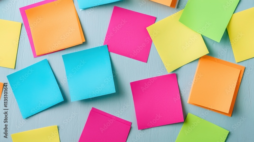 Colorful Sticky Notes Scattered Randomly on a Light Blue Surface, Perfect for Creative Projects, Organization, or Office Decor Ideas with Vibrant Hues and Textures Colorful Sticky Notes Scattered Randomly on a Light Blue Surface, Perfect for Creative Projects, Organization, or Office Decor Ideas with Vibrant Hues and Textures