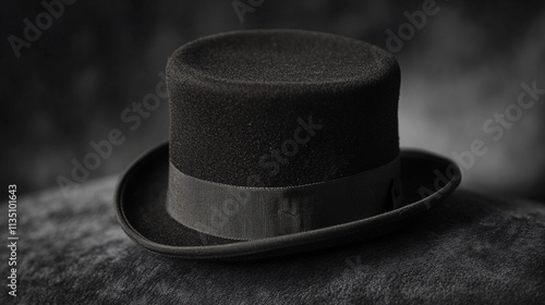 Black hat with a black ribbon sits on a black surface. The hat is sitting on a surface that is also black photo