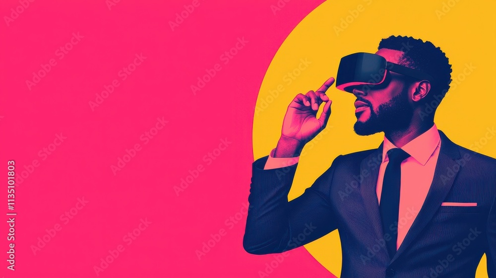 Professional man wearing virtual reality headset in a vibrant colored background, immersed in digital technology and innovation, exploring future possibilities in a modern world. Professional man wearing virtual reality headset in a vibrant colored background, immersed in digital technology and innovation, exploring future possibilities in a modern world.
