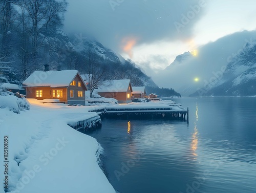 Impressive winter scenery. Northern lights appear over Reinefjord, Lofoten islands. Norway. Lofoten islands One of the most wonderfull nature sightseeing in Norway. Iconic location for photographers photo