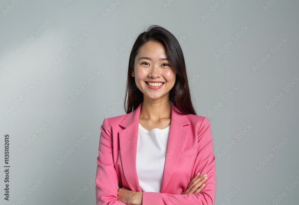 Confident Young Woman Smiling in Pink Blazer on Light Grey Background Confident Young Woman Smiling in Pink Blazer on Light Grey Background