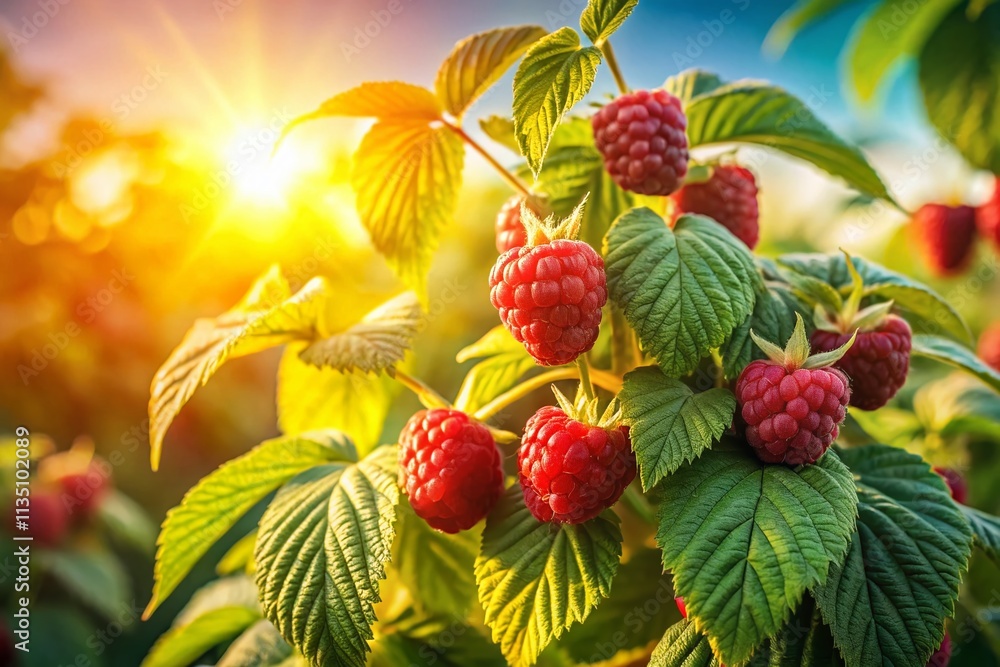 Panoramic View of a Lush Raspberry Bush Gently Swaying in the Spring Breeze Under a Bright Sunny Day, Capturing the Vibrant Freshness of Nature's Bounty and Abundance Panoramic View of a Lush Raspberry Bush Gently Swaying in the Spring Breeze Under a Bright Sunny Day, Capturing the Vibrant Freshness of Nature's Bounty and Abundance