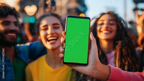 Happy diverse friends at outdoor event holding smartphone with green screen.