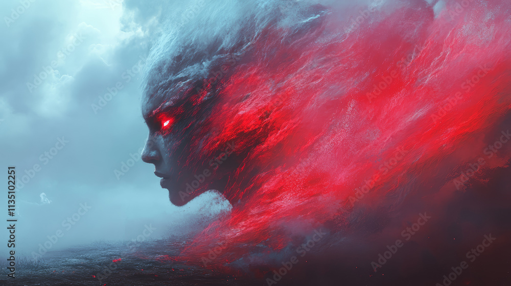 Fiery Face Emerging from the Crimson Mist: A Digital Painting Fiery Face Emerging from the Crimson Mist: A Digital Painting