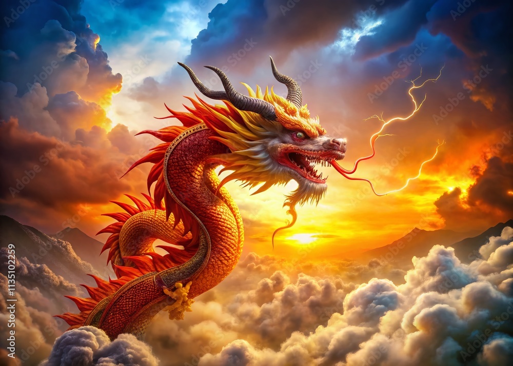 Obraz premium Panoramic View of a Majestic Red Orange Traditional Chinese Dragon Roaring Amidst Dense Clouds and Lightning in the Sky, Capturing the Essence of Mythical Power and Culture