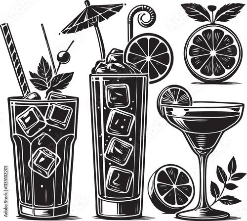 Cocktail vector icon set in black and white color