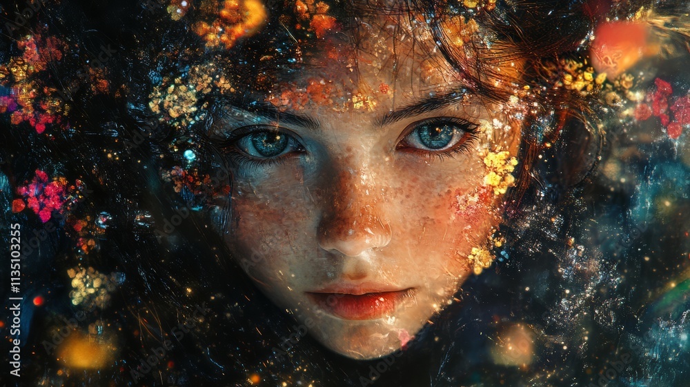 Enchanted Girl Portrait: A Cosmic Floral Fantasy. Enchanted Girl Portrait: A Cosmic Floral Fantasy.