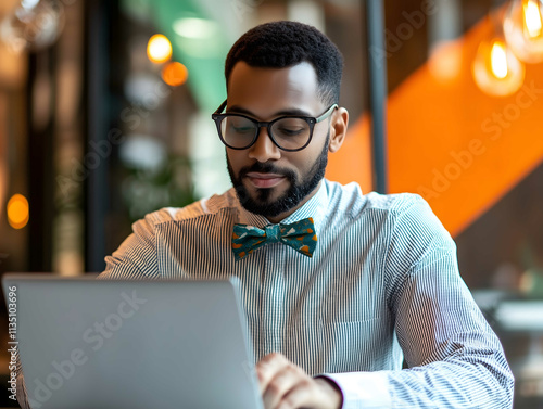 A photo of aprofessional and detailoriented quality assurance manager wearing a bow tie with rolledup sleeves ready for handson work The QA manager has a confident photo