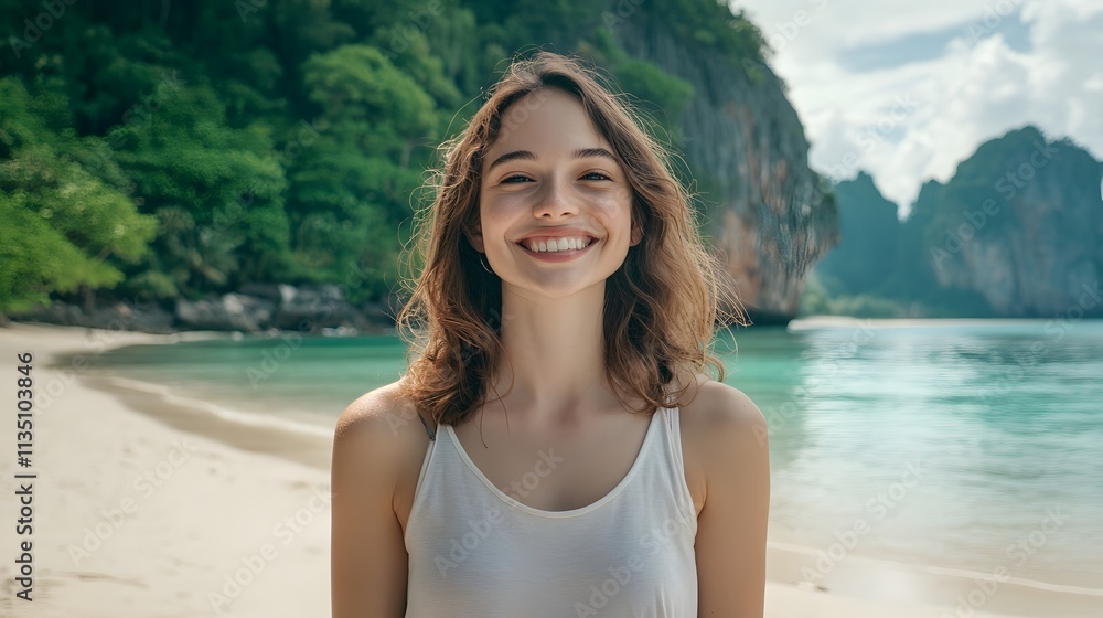 Happy Woman Smiles on Tropical Beach Paradise Happy Woman Smiles on Tropical Beach Paradise