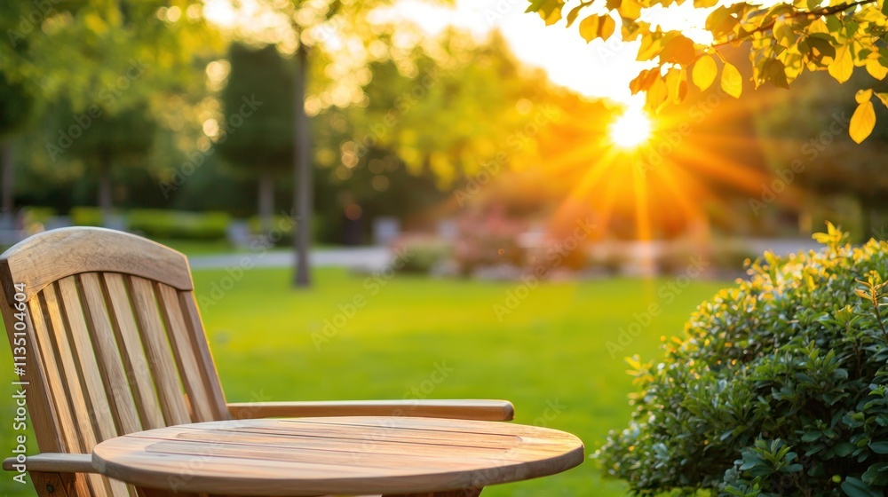 Fototapeta premium Sunset serenity wooden chair and table in a tranquil park nature photography warm glow