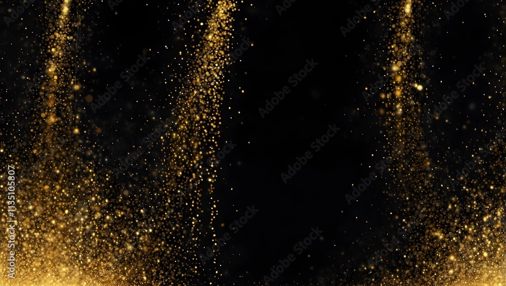 Gold glitter streams down a black background.
Gold glitter streams down a black background.