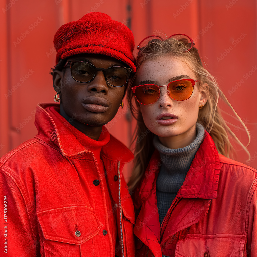 Two people wearing red jackets and hats pose for a photo Two people wearing red jackets and hats pose for a photo