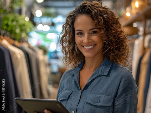 40 year old woman curly brown hair mid lenght brazilian brown skin formal blue shirt she is smiling she is standing with a tablet on her hands looking up to clothes photo