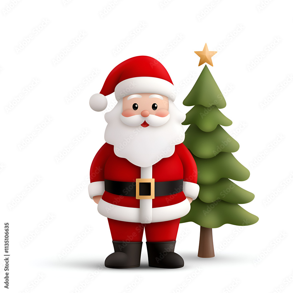 Obraz premium A joyful cartoon Santa Claus stands beside a decorated Christmas tree, capturing the essence of holiday cheer.