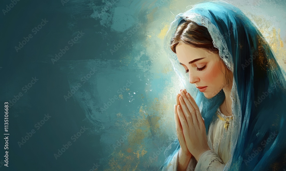 A Serene Madonna Praying in Contemplation with a Beautiful Blue Veil, Radiating Tranquility and Grace A Serene Madonna Praying in Contemplation with a Beautiful Blue Veil, Radiating Tranquility and Grace