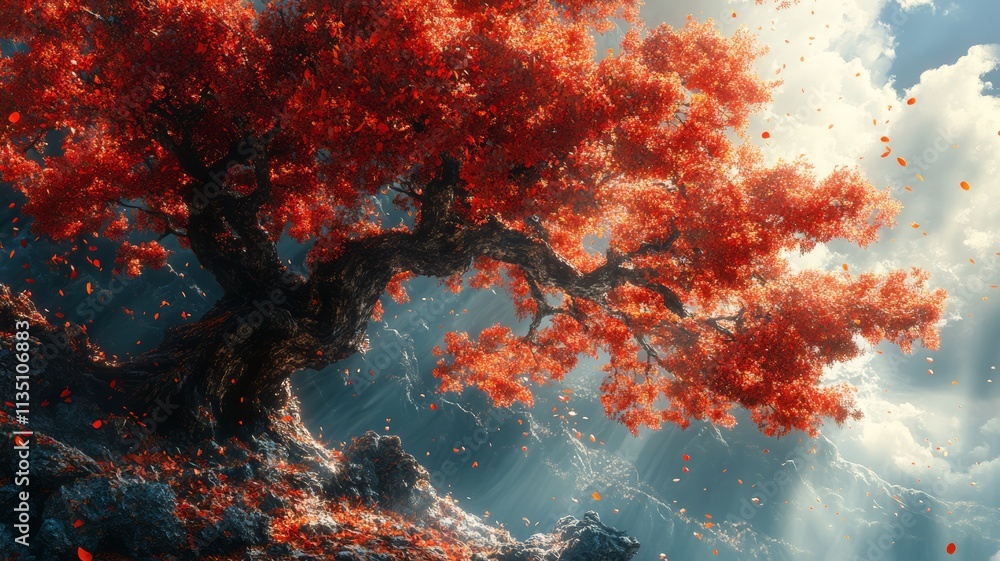 Enchanted Autumnal Landscape: A Majestic Crimson Tree. Enchanted Autumnal Landscape: A Majestic Crimson Tree.