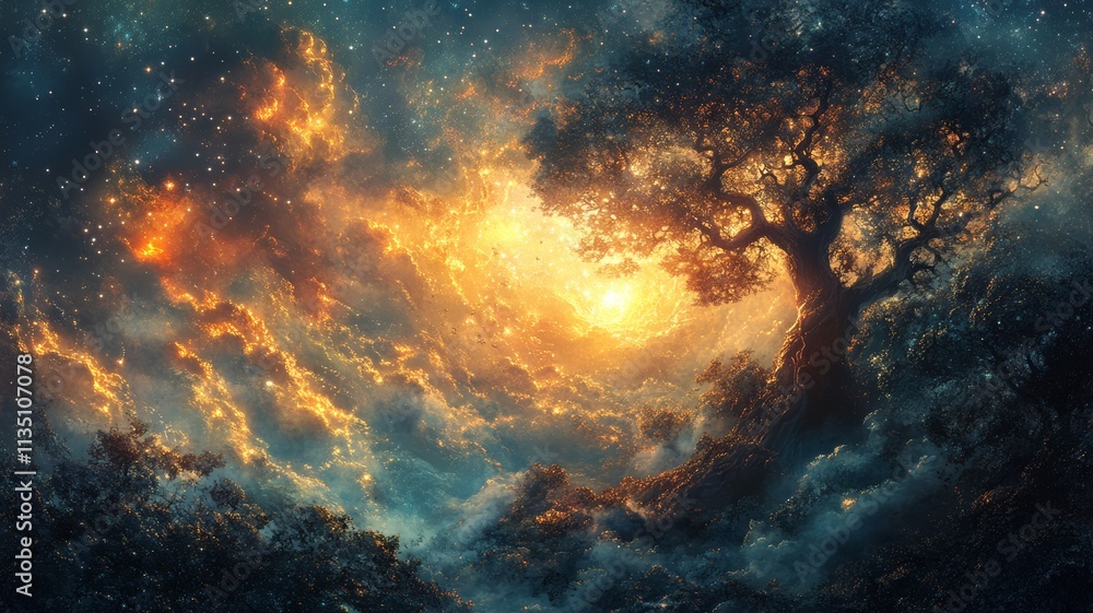 Mystical Golden Celestial Tree Landscape: A Dreamlike Fantasy Art. Mystical Golden Celestial Tree Landscape: A Dreamlike Fantasy Art.