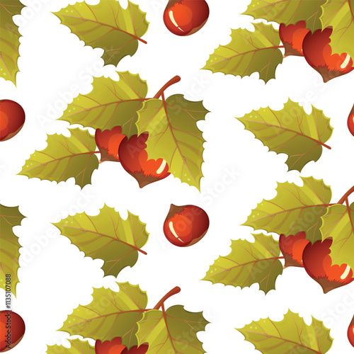  Hazelnuts pattern. Panoramic pattern of roasted hazelnuts on a white background. Vector illustration