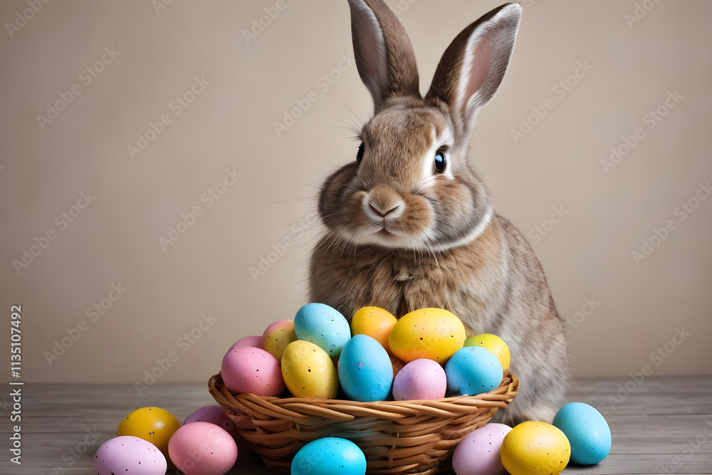 Easter bunny guarding a wicker basket full of colorful chocolate eggs Easter bunny guarding a wicker basket full of colorful chocolate eggs