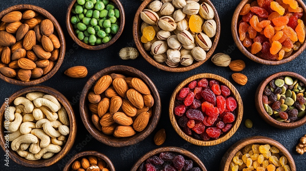 Organic Assorted Nuts and Dried Fruits Background for Healthy Living and Culinary Uses Organic Assorted Nuts and Dried Fruits Background for Healthy Living and Culinary Uses