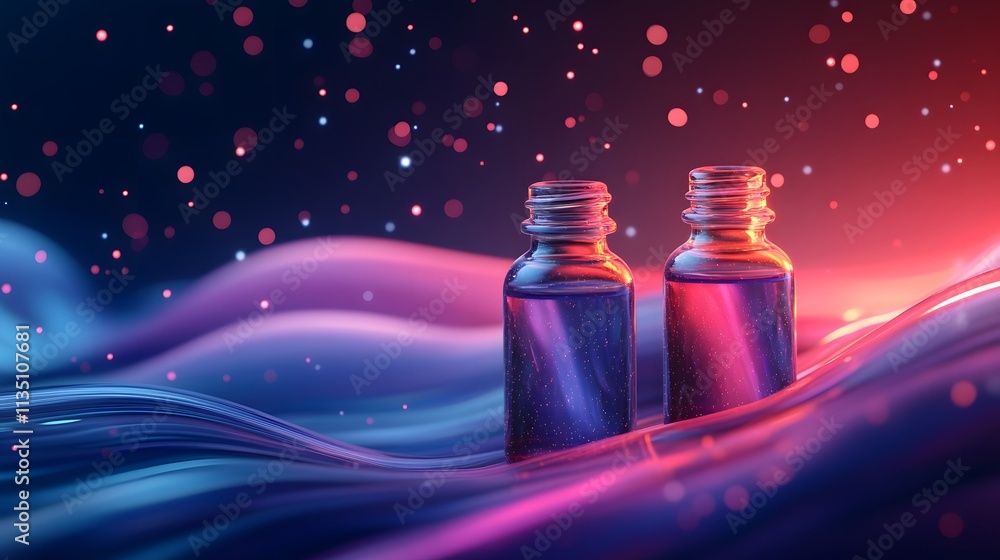 Essential oils for skin glow softly in shimmering bottles, set against vibrant waves of purple and blue. The dreamy atmosphere evokes relaxation and rejuvenation. Essential oils for skin glow softly in shimmering bottles, set against vibrant waves of purple and blue. The dreamy atmosphere evokes relaxation and rejuvenation.