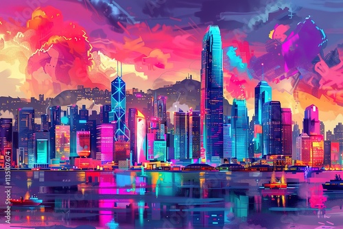 Cityscape with a colorful sky and a city skyline