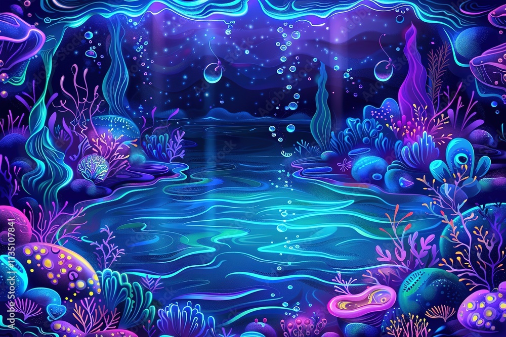 Fototapeta premium Colorful underwater scene with a blue river and purple plants