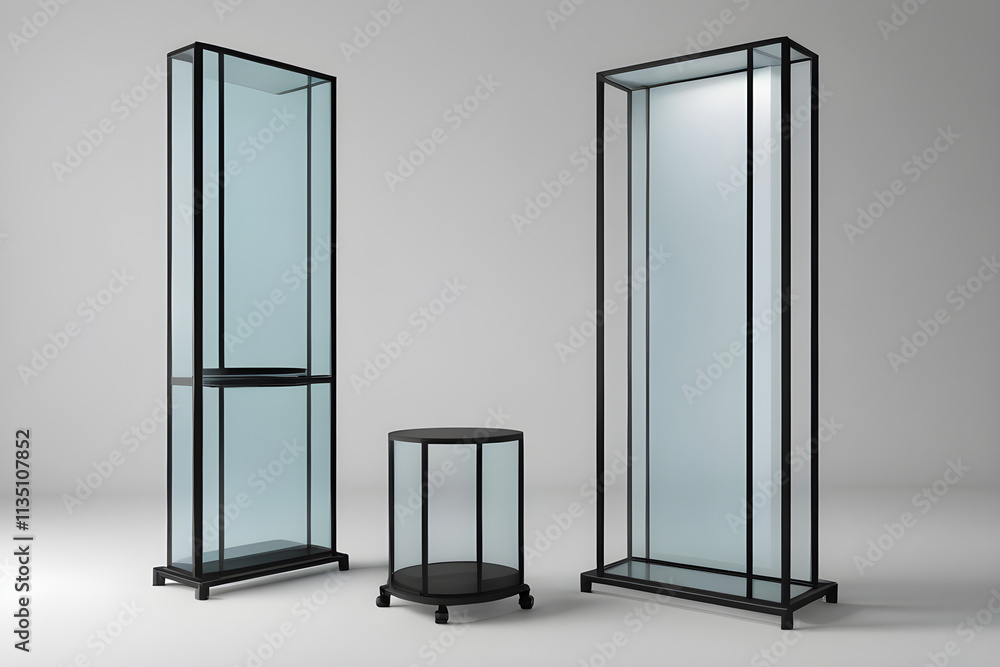 Empty glass display cases standing in showroom presenting products Empty glass display cases standing in showroom presenting products