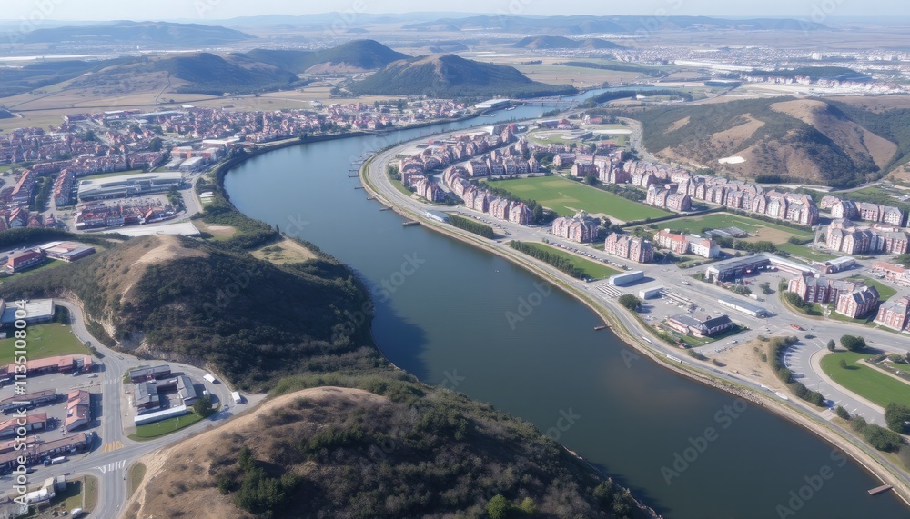 Aerial View of River Meandering Through a City Nestled in Rolling Hills Aerial View of River Meandering Through a City Nestled in Rolling Hills