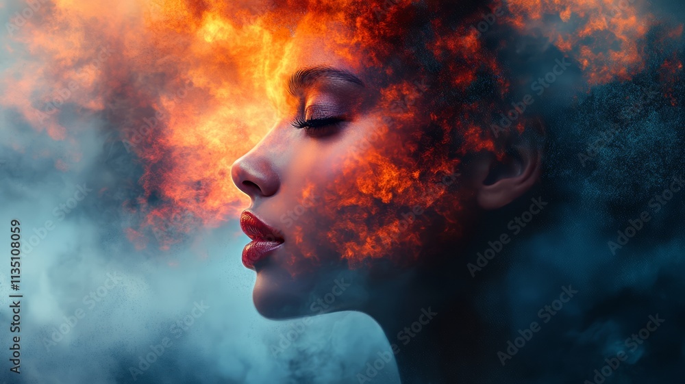 Fiery Portrait: A Woman's Face Embraces Burning Passion. Fiery Portrait: A Woman's Face Embraces Burning Passion.