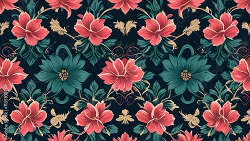 Seamless floral pattern blooming with elegance on dark background