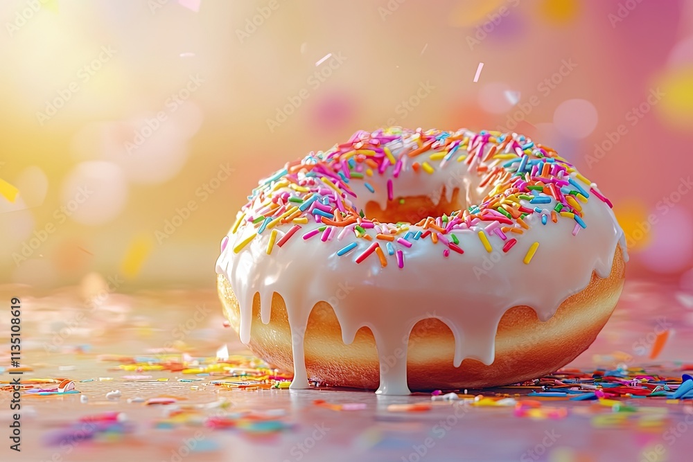 Close-up image of a doughnut with colorful sprinkles and dripping white glaze, on a pastel background. Background, wallpaper, banner, poster. Close-up image of a doughnut with colorful sprinkles and dripping white glaze, on a pastel background. Background, wallpaper, banner, poster.