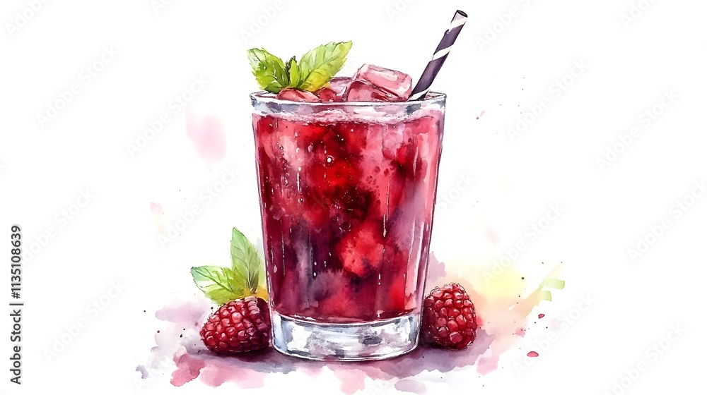 Refreshing Raspberry Drink in a Glass with Mint Leaves and Striped Straw on a Bright White Background, Perfect for Summer or Cocktail Themes Refreshing Raspberry Drink in a Glass with Mint Leaves and Striped Straw on a Bright White Background, Perfect for Summer or Cocktail Themes