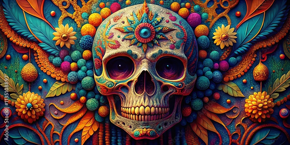 Fototapeta premium Pixel Illustration of a Skeleton Head Captured from a Drone's Perspective, Showcasing Vibrant Colors and Unique Shapes against a Stunning Landscape Backdrop