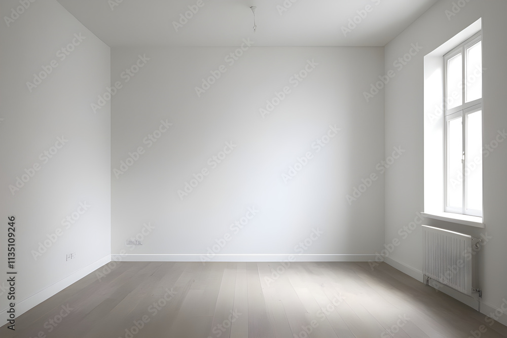 Simple decor of empty room with white walls, laminate floor, window and radiator Simple decor of empty room with white walls, laminate floor, window and radiator