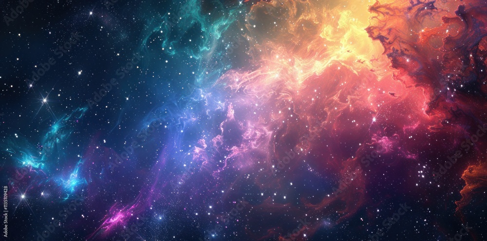 Naklejka premium Cosmic nebula in vibrant colors, showcasing swirling clouds of gas and stars against a dark cosmic background A stunning blend of blues, purples, and oranges creates a mesmerizing effect