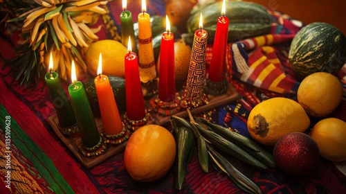 A cultural and festive scene for Kwanzaa with kinara candles, traditional African fabrics, and symbolic harvest items against a warm and celebratory background photo